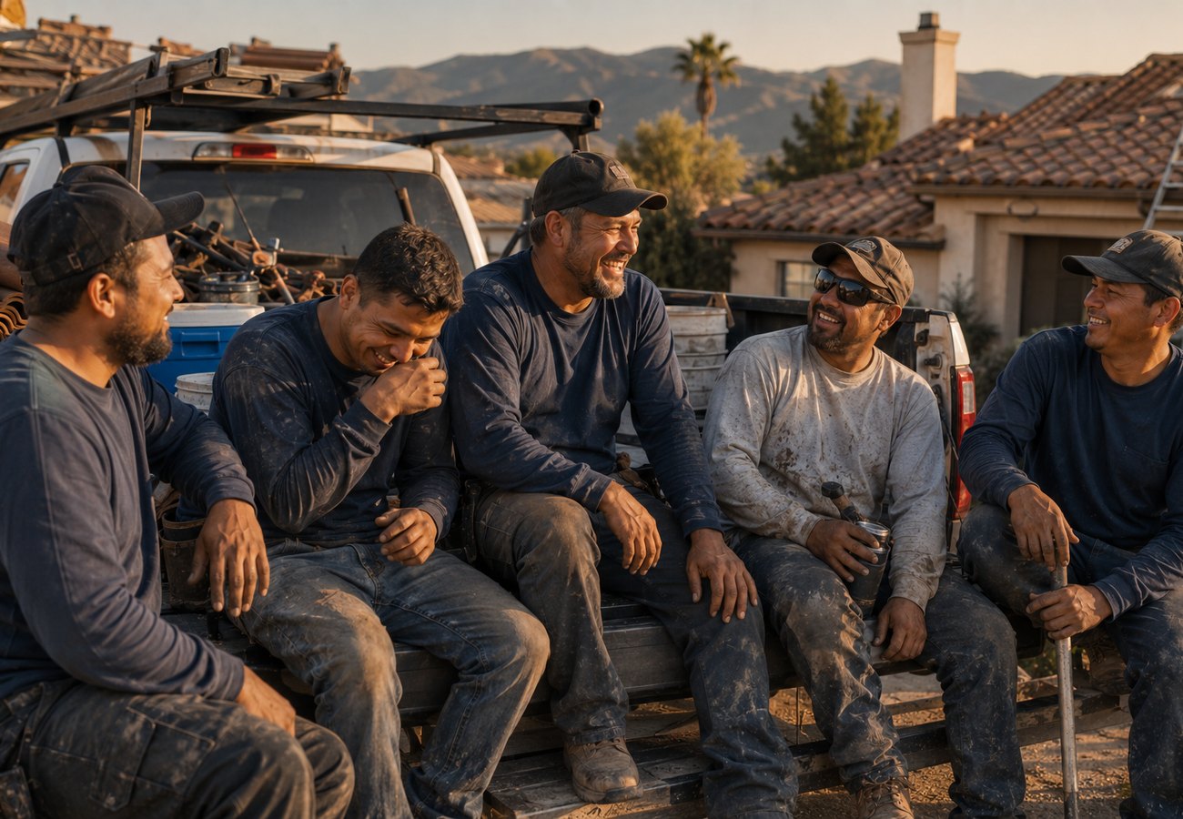 The Homestead Roofing Co. crew standing ready beside their ladder-racked work truck at golden hour in a Temecula driveway