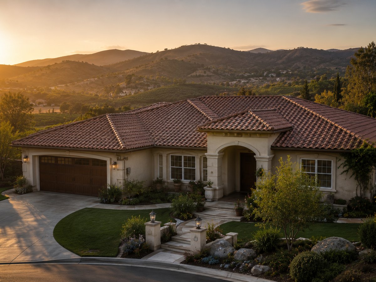 A Temecula home at golden hour with a freshly completed Homestead Roofing Co. roof