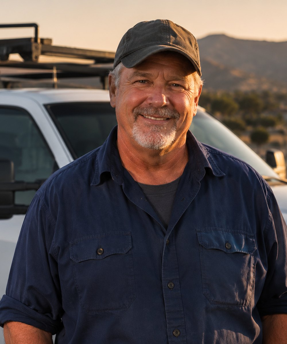 Homestead Roofing Co. owner and foreman in a ball cap and work jacket, arms crossed, standing in front of a work truck at golden hour