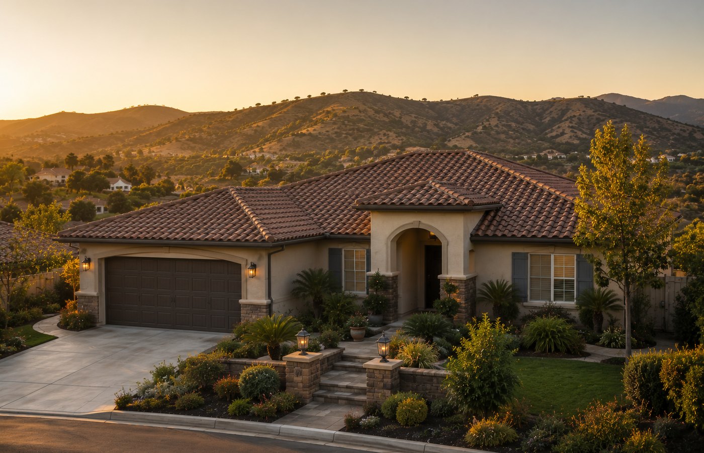 A warmly lit completed roof at golden hour with clean shingle courses, representing a finished Homestead Roofing Co. project