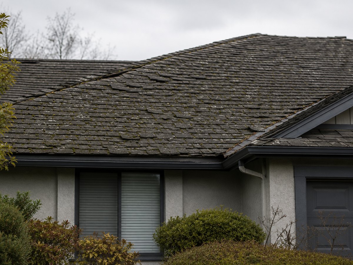 An aged, weathered roof with worn shingles and lifted edges in need of repair, lit by low afternoon sun